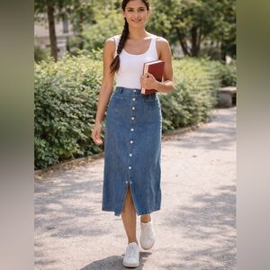 Christopher & Banks Blue Casual Button-Front Midi Skirt 8 librarian academia